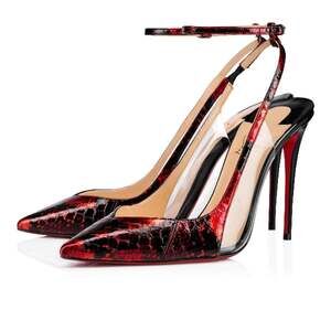Christian Louboutin Optichoc 100 Black Red Patent PVC Ankle Strap Heel Pump 38
